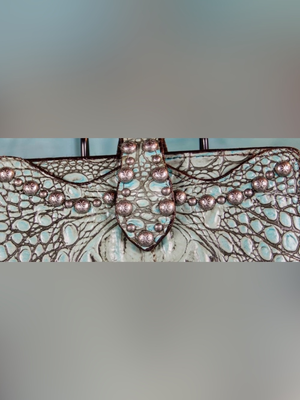 Vintage Double J Saddlery Hand Crafted Turquoise Crocodile Wallet Engraved Studs - Picture 2 of 11